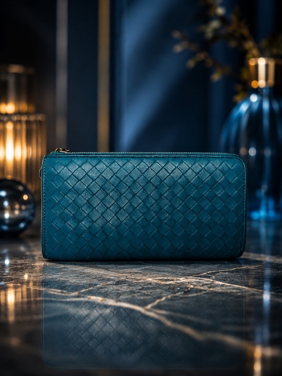 Bottega Veneta Handbags - Bottega Veneta Mallard Turquoise Intrecciato Leather Zip Wallet | Full Inclusion